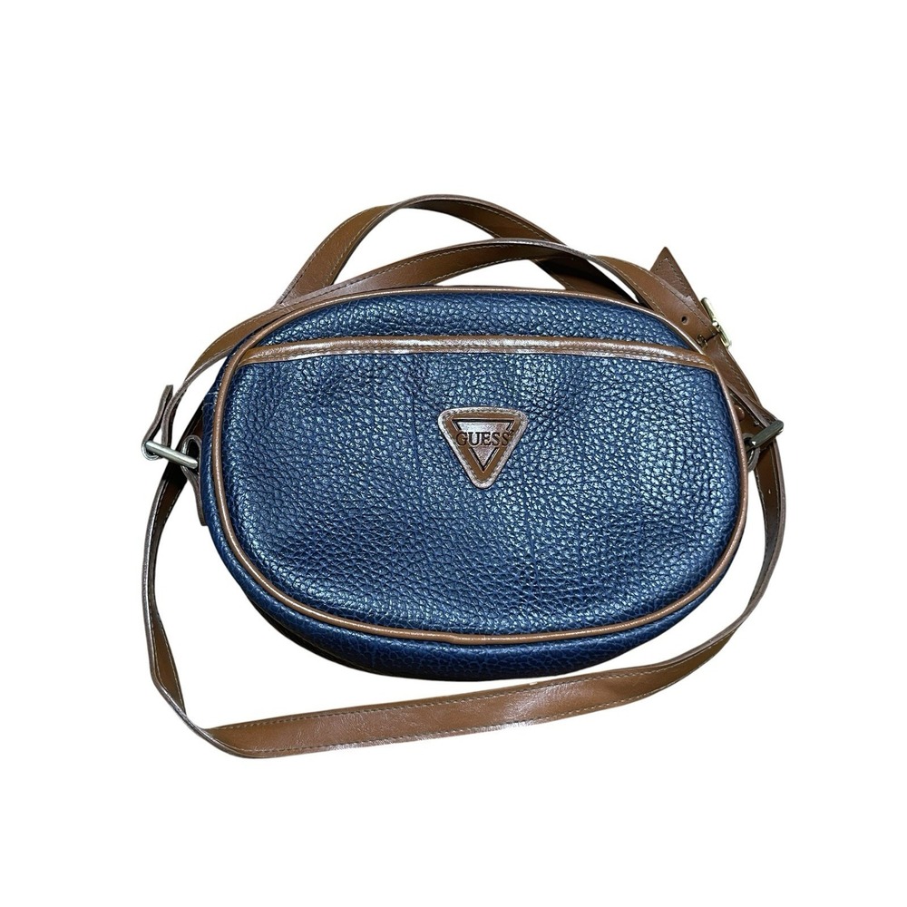 Guess 90s Navy Pebbled Leather Oval Camera Crossbody Purse Bag Vintage Brown Mom